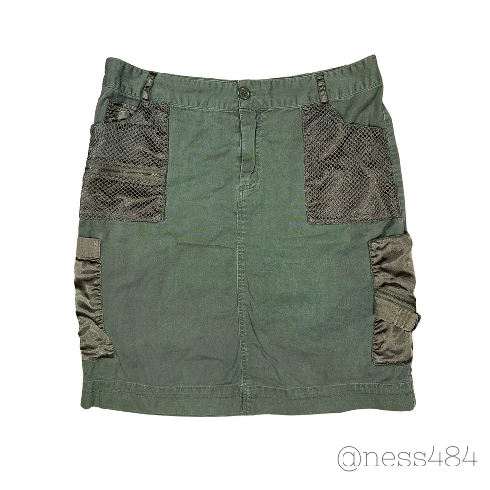 CLIO VINTAGE Cargo Mini Skirt Olive Green Utility Pockets Mesh Detail Women's L - Picture 2 of 6